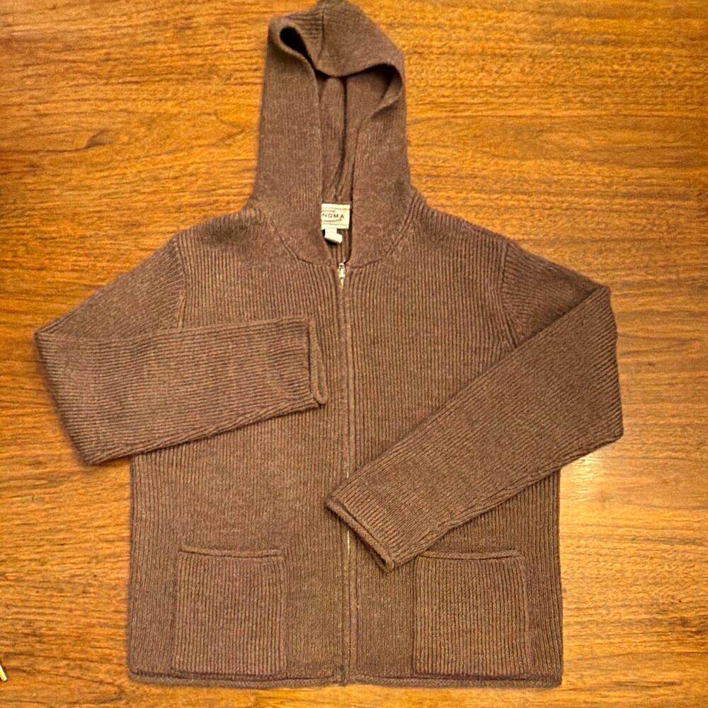 Vintage Wool Rib Knit Hooded Zip Cardigan Brown L Women Old Money Capsule Luxury